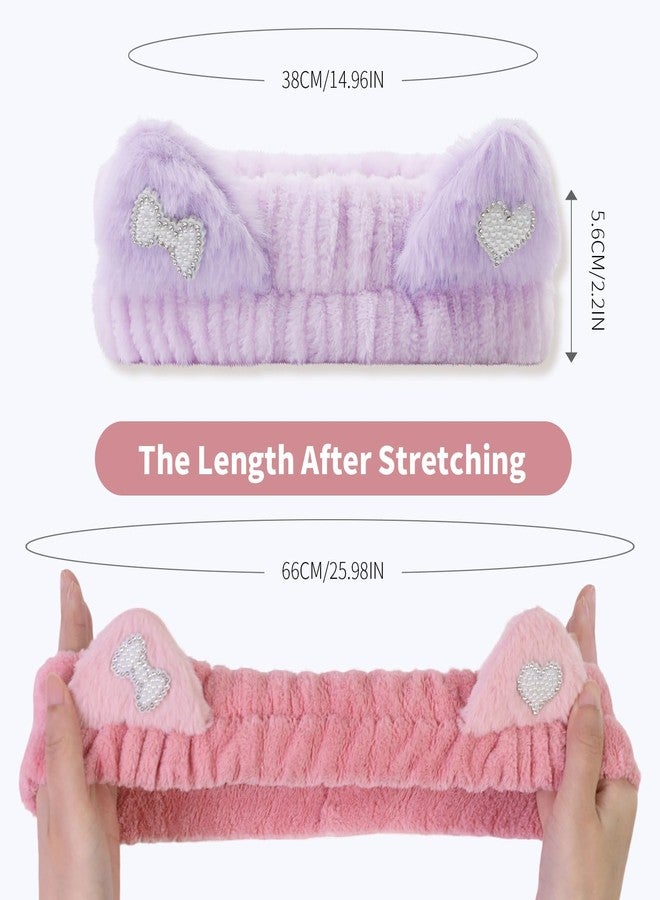 FlyingMage Spa Headband for Washing Face, 2 Pack Cute Cat Ear Hair Band for Shower Yoga Beauty, Fluffy Makeup Headband, Kawaii Facial Headbands for Woman Girls, Dark Pink+Purple Heart - Image 5